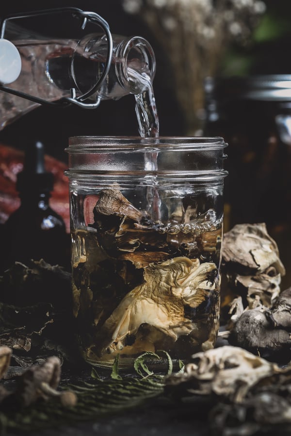 Dried mushrooms and a jar of alcohol in preparation for a mushroom double extraction.