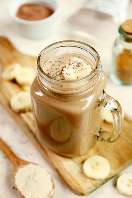 Chocolate, banana, and mushroom smoothie with chia seeds.