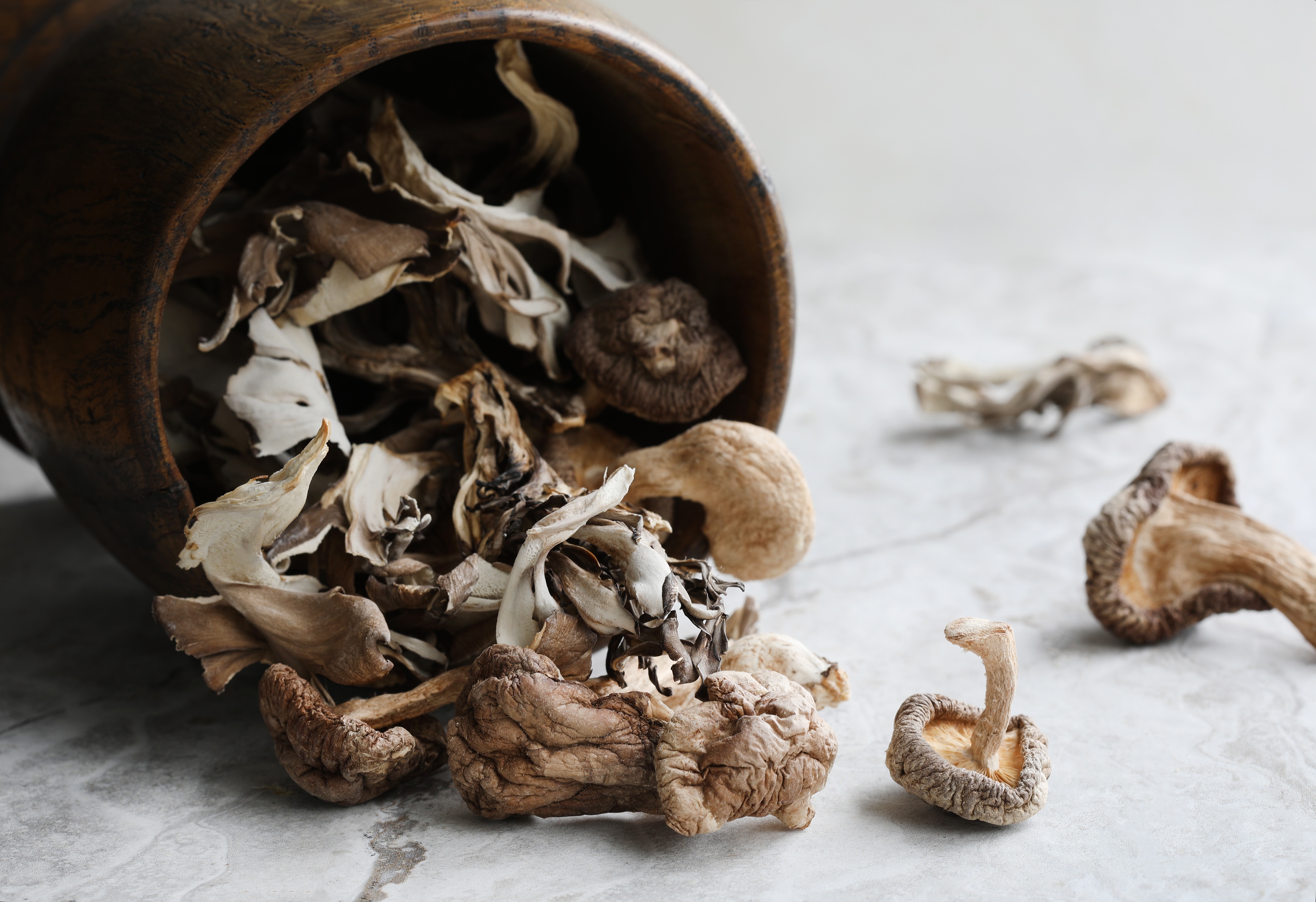 Dried mushrooms laying on counter spilling from wooden bowl