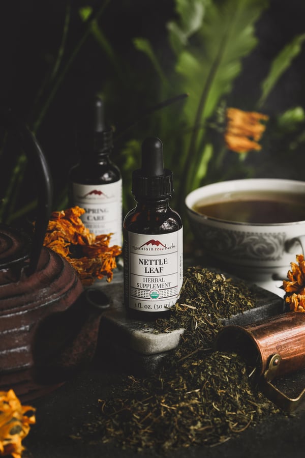 Bottle of Nettle Lead Herbal Tincture surrounded by dried nettle leaf and a teapot