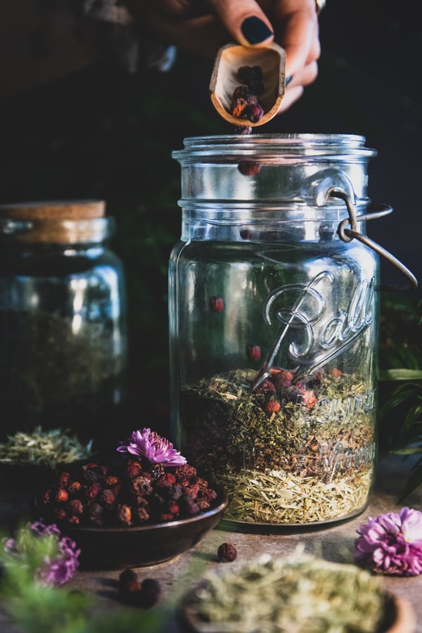 Hawthorn berries are added to a jar filled with oatstraw, tulsi holy basil, and nettle leaf.