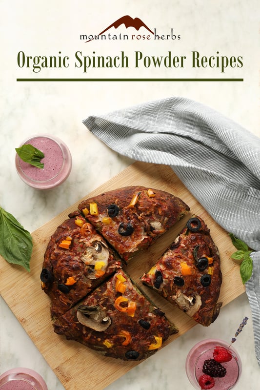 Organic spinach powder uses and pizza and smoothie recipes pin from Mountain Rose Herbs.