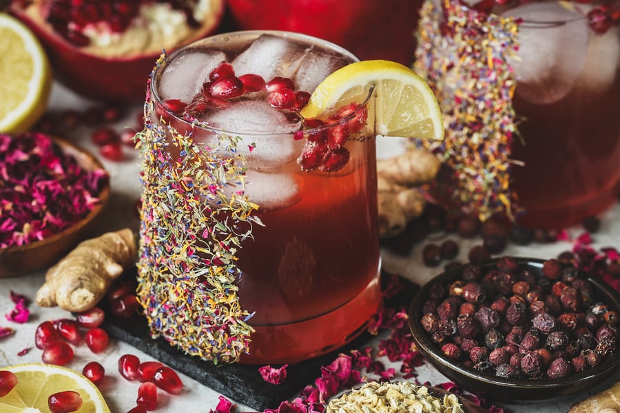 A Queen of Hearts Mocktail with pomegranate and hawthorn berries.