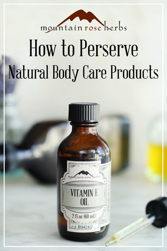 Pinterest link to Mountain Rose Herbs. Bottle of vitamin e oil and a dropper top used for preserving DIY natural skin care products.