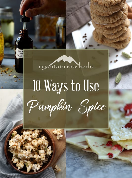 Pinterest link to Mountain Rose Herbs. 10 ways to use pumpkin pie spice, including sweet and spicy caramel corn, spiced old fashioned cocktail, and white chocolate bark. 