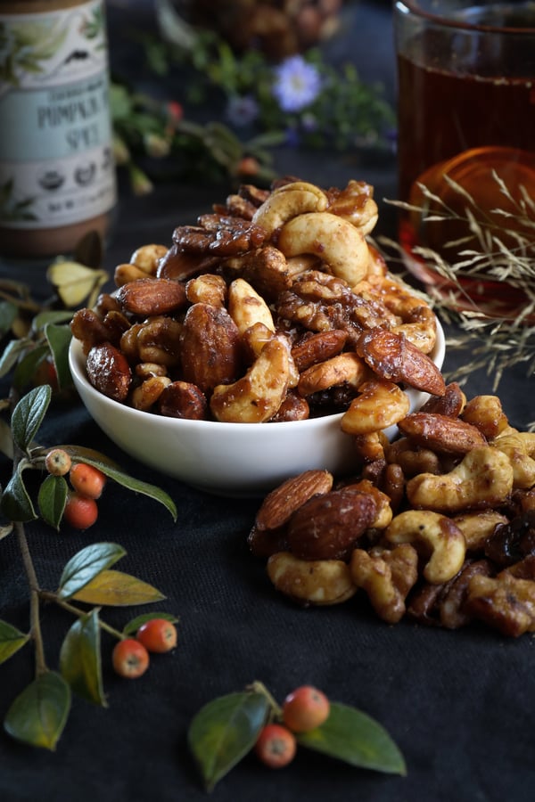 Pumpkin pie spiced mixed nuts with maple syrup