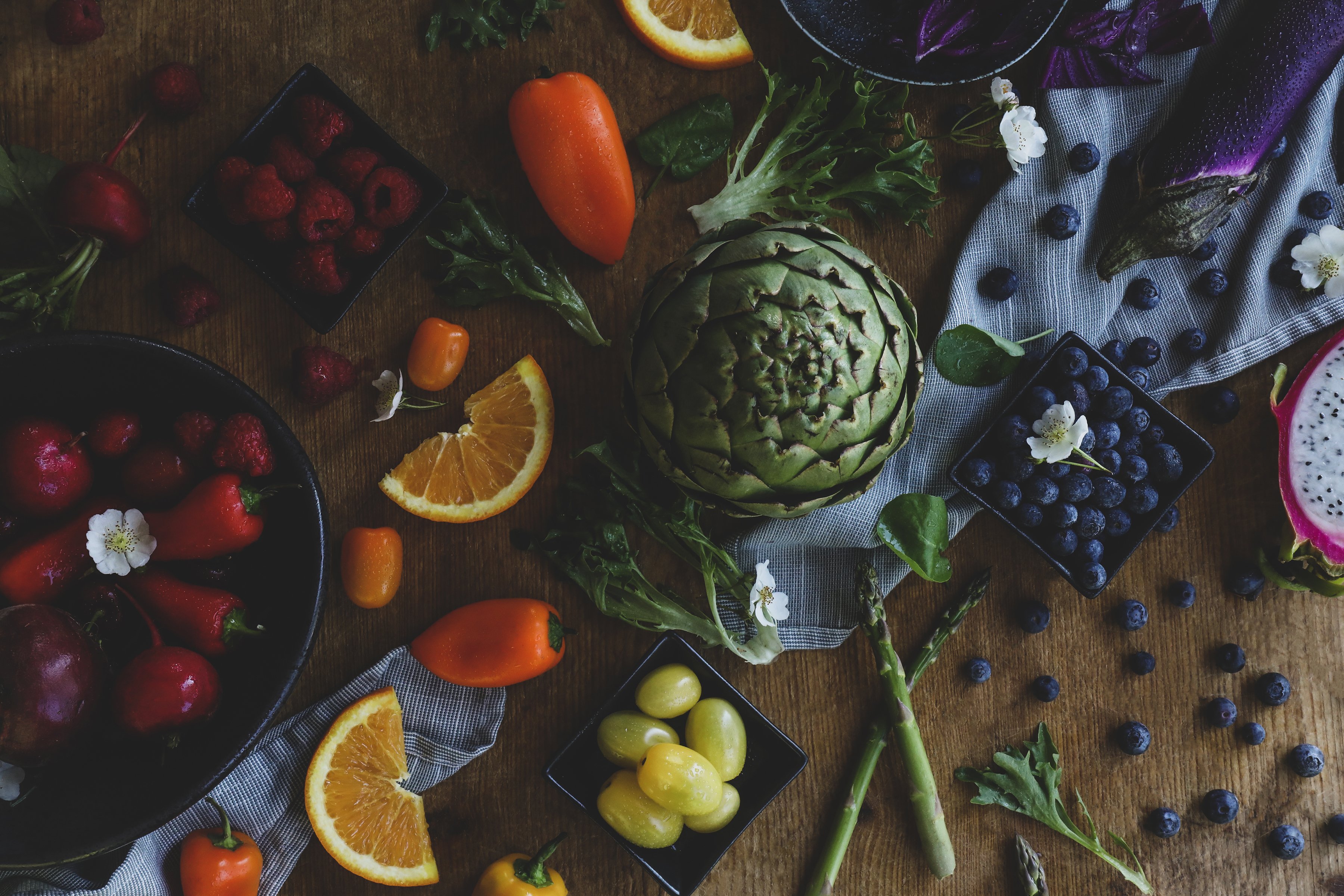 Lots of colorful fruits and veggies