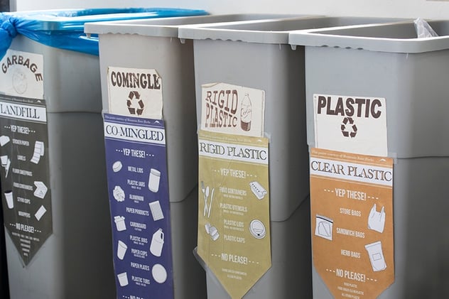 Different recycling bins for different types of plastics and garbage