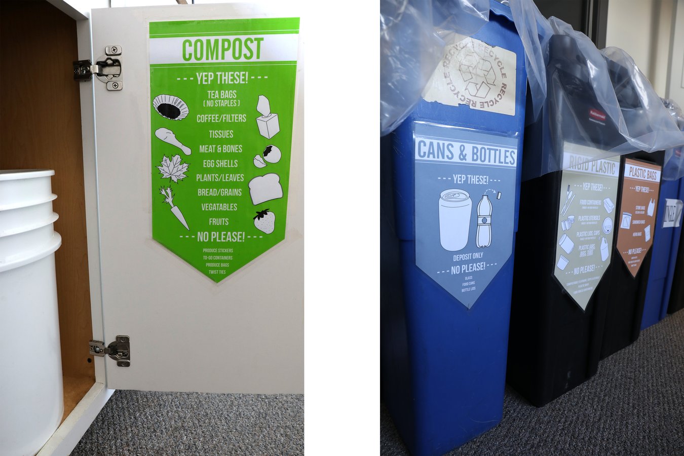 Labeled recycling bins at Mountain Rose Herbs