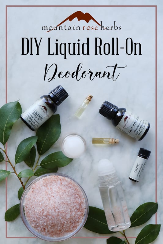 Pinterest link to Mountain Rose Herbs. Finished bottles of DIY natural liquid deodorant in small roll-top glass bottles. Ingredients incluce essential oils of hops, juniper berry, and frakincense, along with organic vegetable glycerine and Himalayan pink salt. 