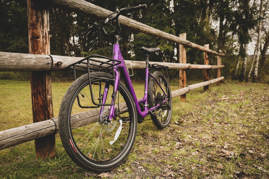 New bike leaning against a fence