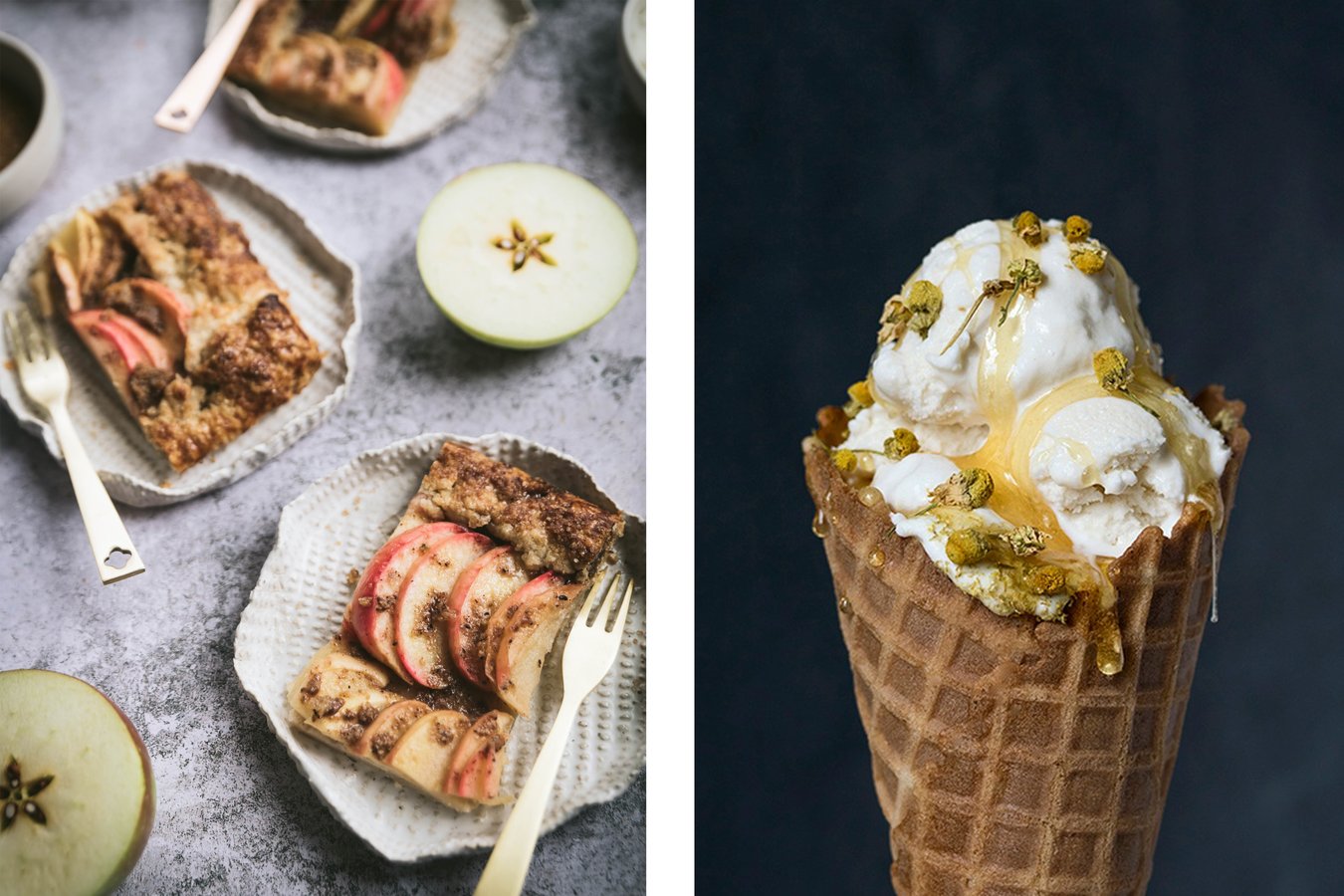 Spiced apple galette on plates and a flower scented ice cream on a cone.