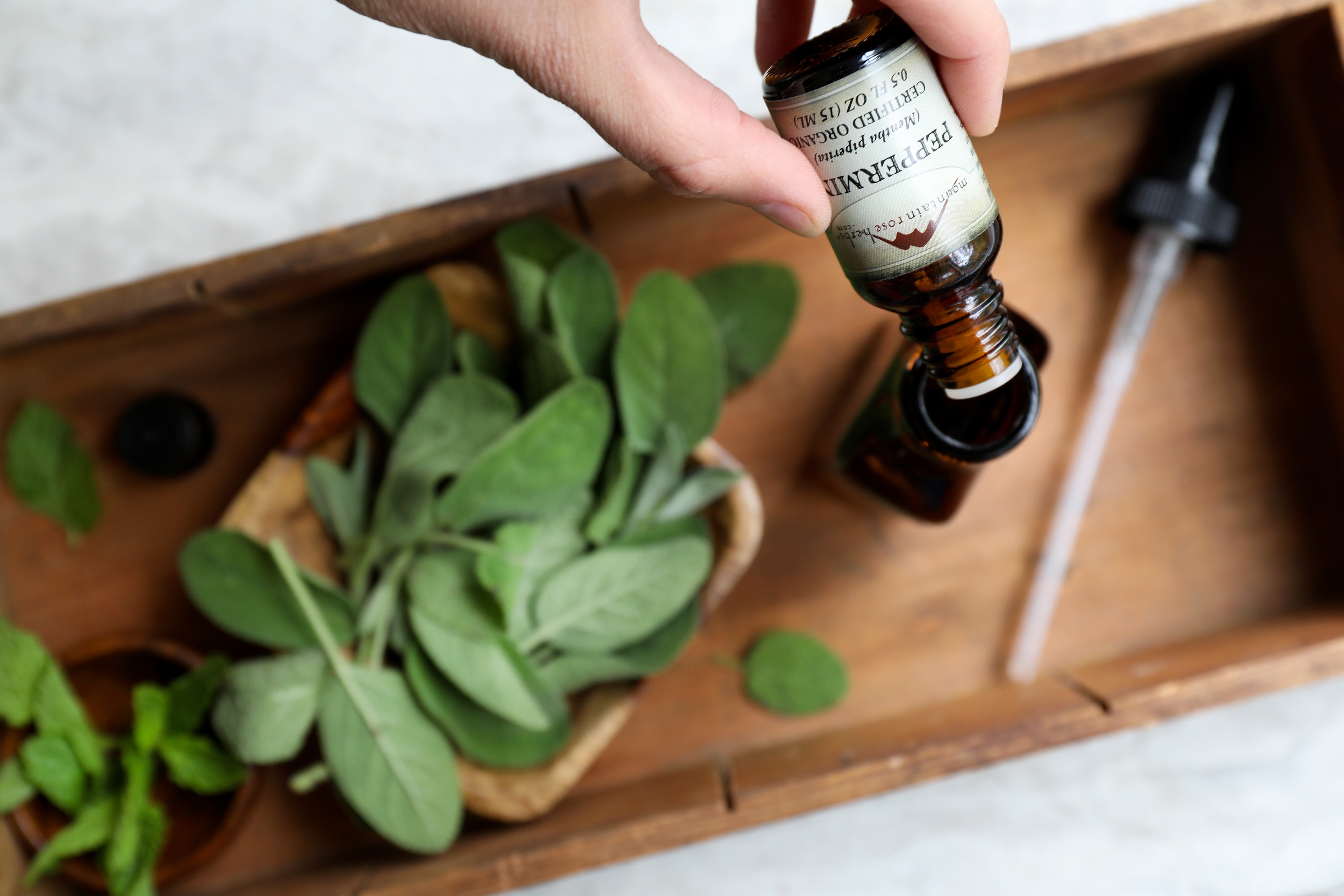 Hand pouring organic peppermint essential oil into glass spray bottle surrounded by fresh sage leaves