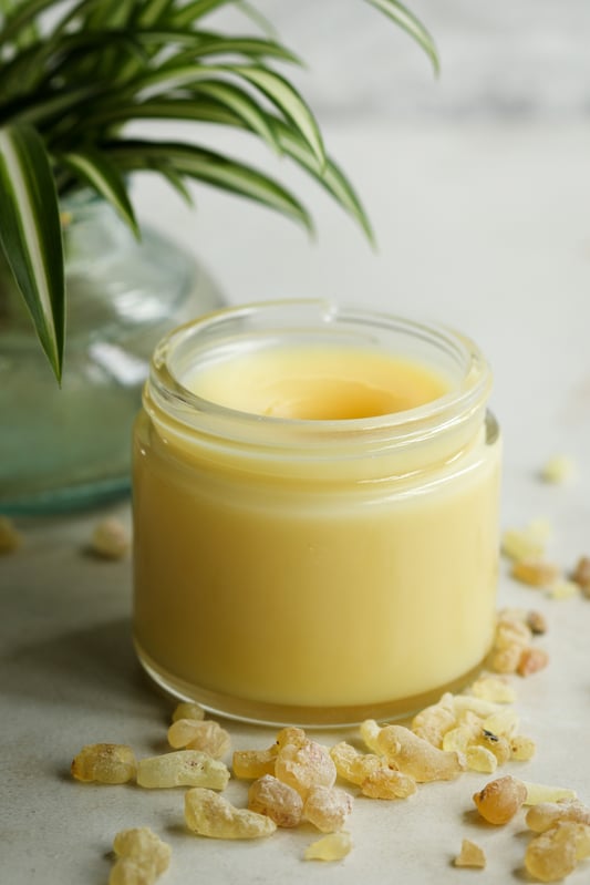 Finished kokum butter salve is a light golden color, similar to organic frankincense resin pieces. Creamy body balm with shea butter and jojoba oil is excellent for drying skin. 