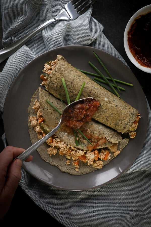 Gluten-free coconut buckwheat crepes with a savory tofu filling and salsa.