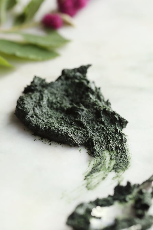 Swirl of dark green seaweed face mask paste made from dry face mask powder and rose hydrosol.
