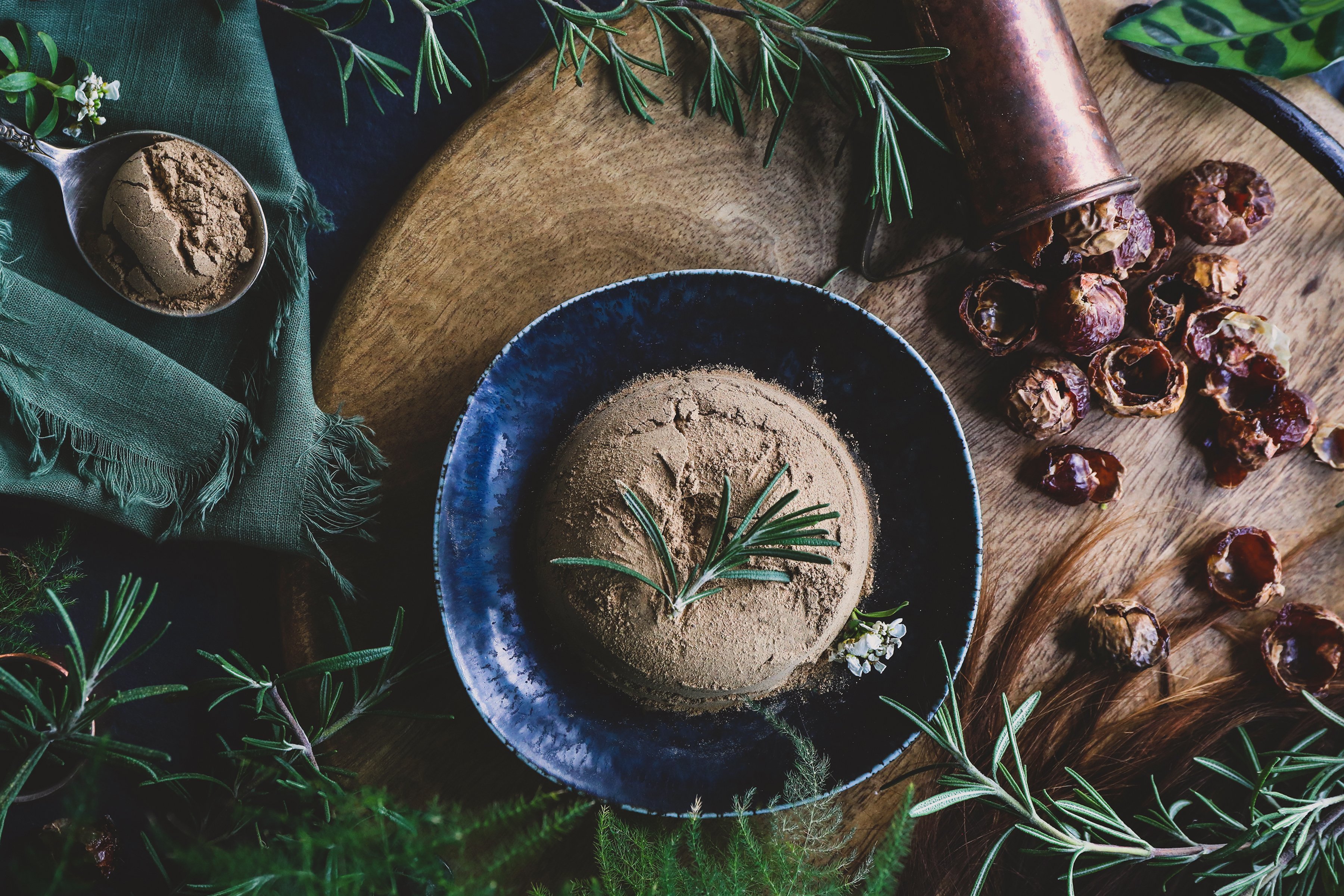 Bowl of beautiful brown powder surrounded by soap nuts and other fresh herbal ingredients.