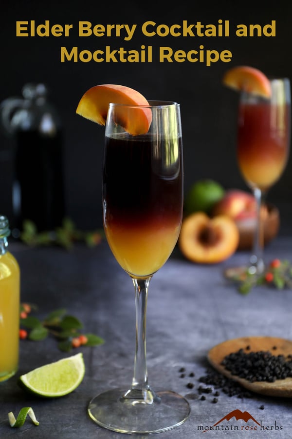 Fall Cocktails: Elder Bellini Recipe with a Mocktail Option Pinterest pin for Mountain Rose Herbs