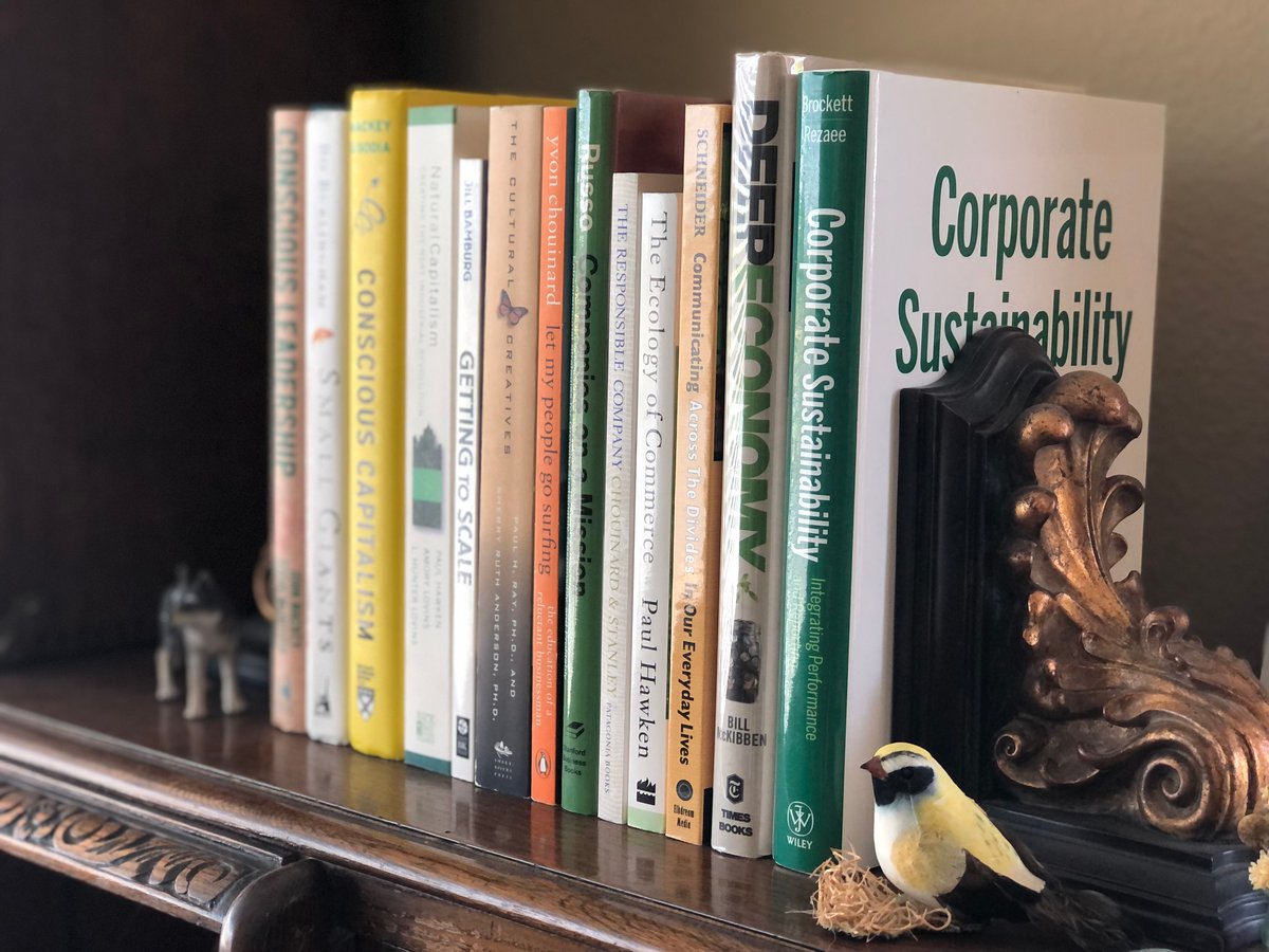 Business books on a shelf.