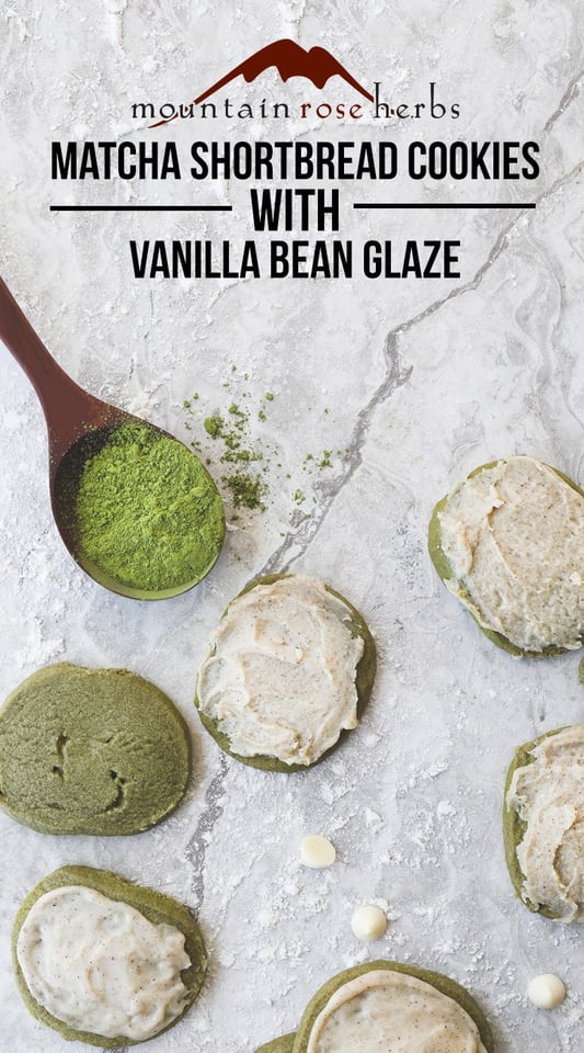 Matcha Shortbread Cookies with Vanilla Bean Glaze from Mountain Rose Herbs