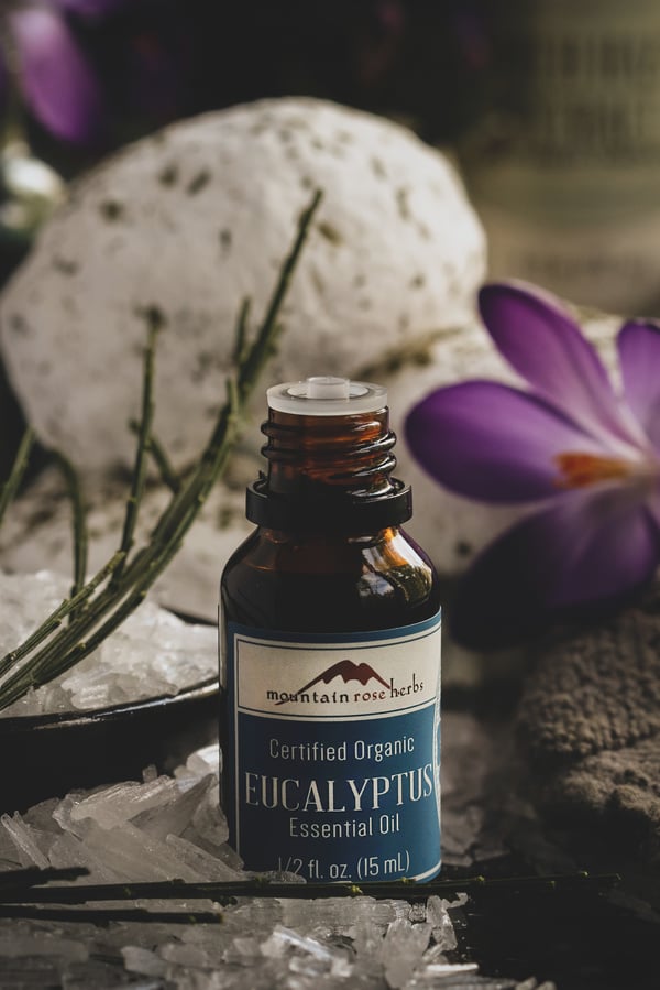 Eucalyptus essential oil and menthol crystals ready to make shower bombs.