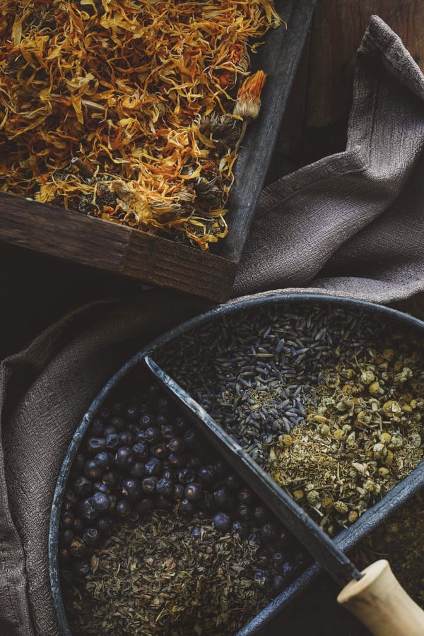 A variety of herbs laid out to make into bath salts for a sitz bath