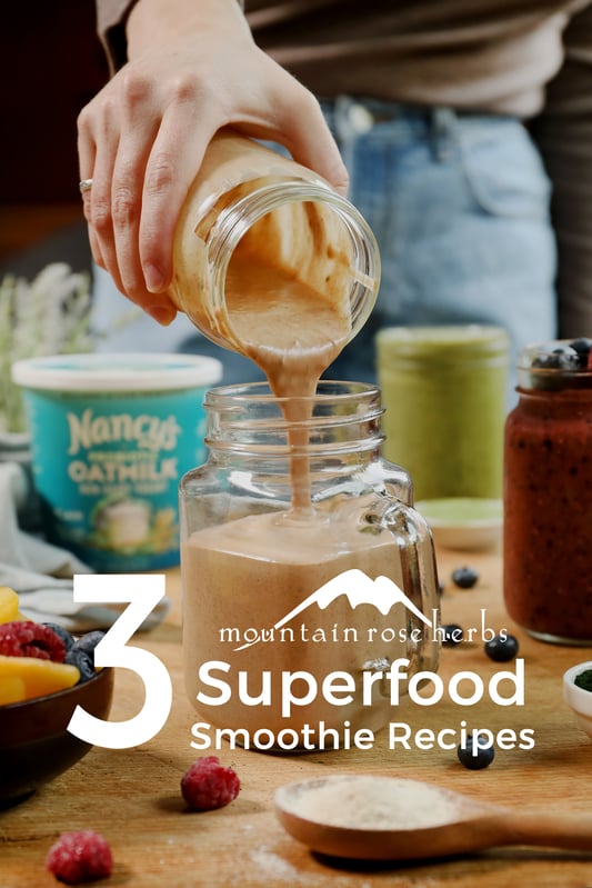 3 Vegan Superfood Smoothies Pinterest pin Mountain Rose Herbs.