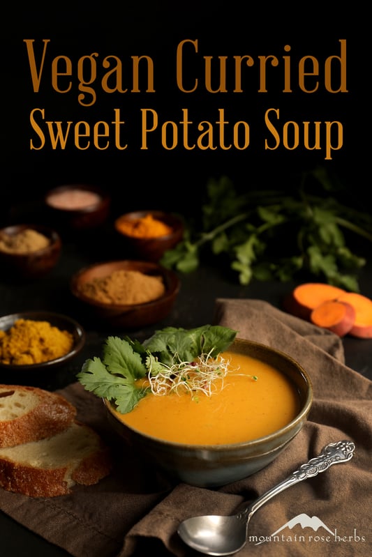 Sweet potato soup with coconut curry is delicious and warming with Indian spices like cinnamon and curry powder. Soup is garnished with fresh cilantro, sprouts, and crispy bread. 