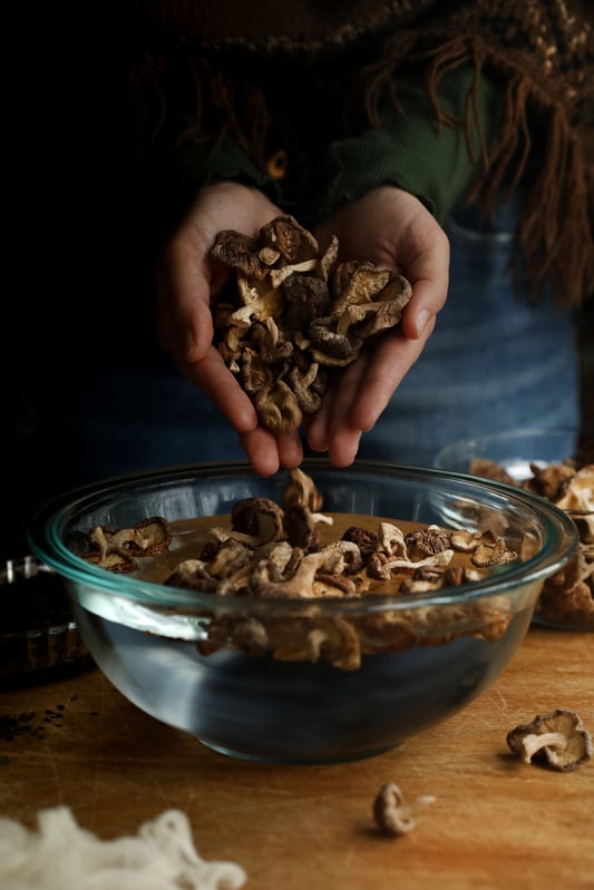 Vegan dashi is made with shiitake mushrooms and kombu seaweed. Dashi is the base for many Japanese and Korean soup dishes, as well as a marinade for seafood. 