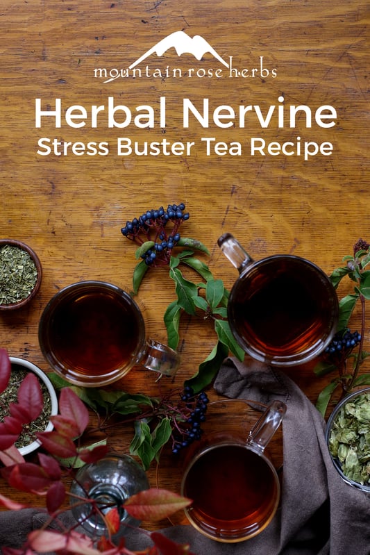 3 tea recipes for stress management include ingredients like catnip, skullcap, hops flowers, and chamomile.