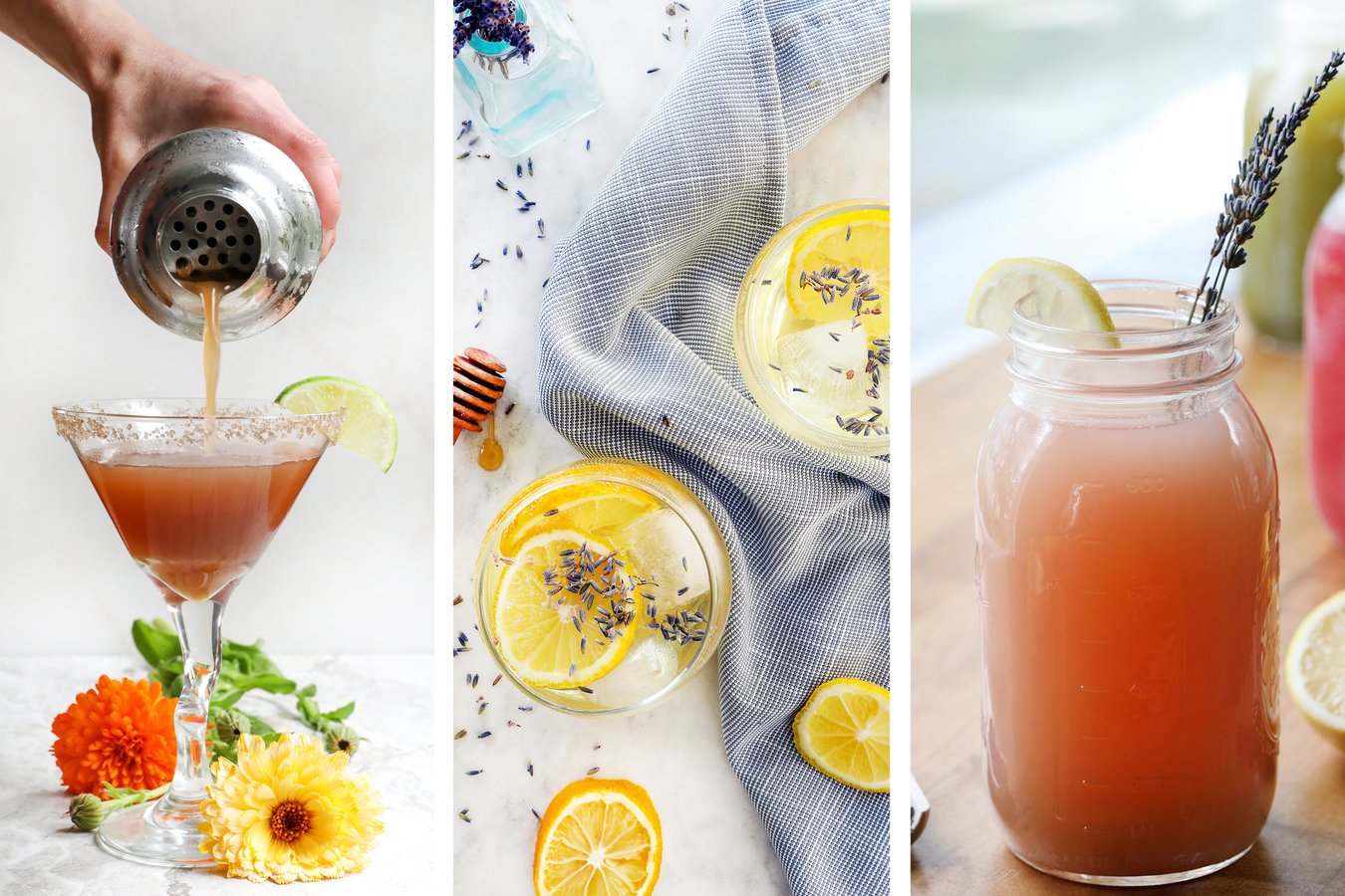 A trio of herbal mocktails and lemonades in glasses with botanicals