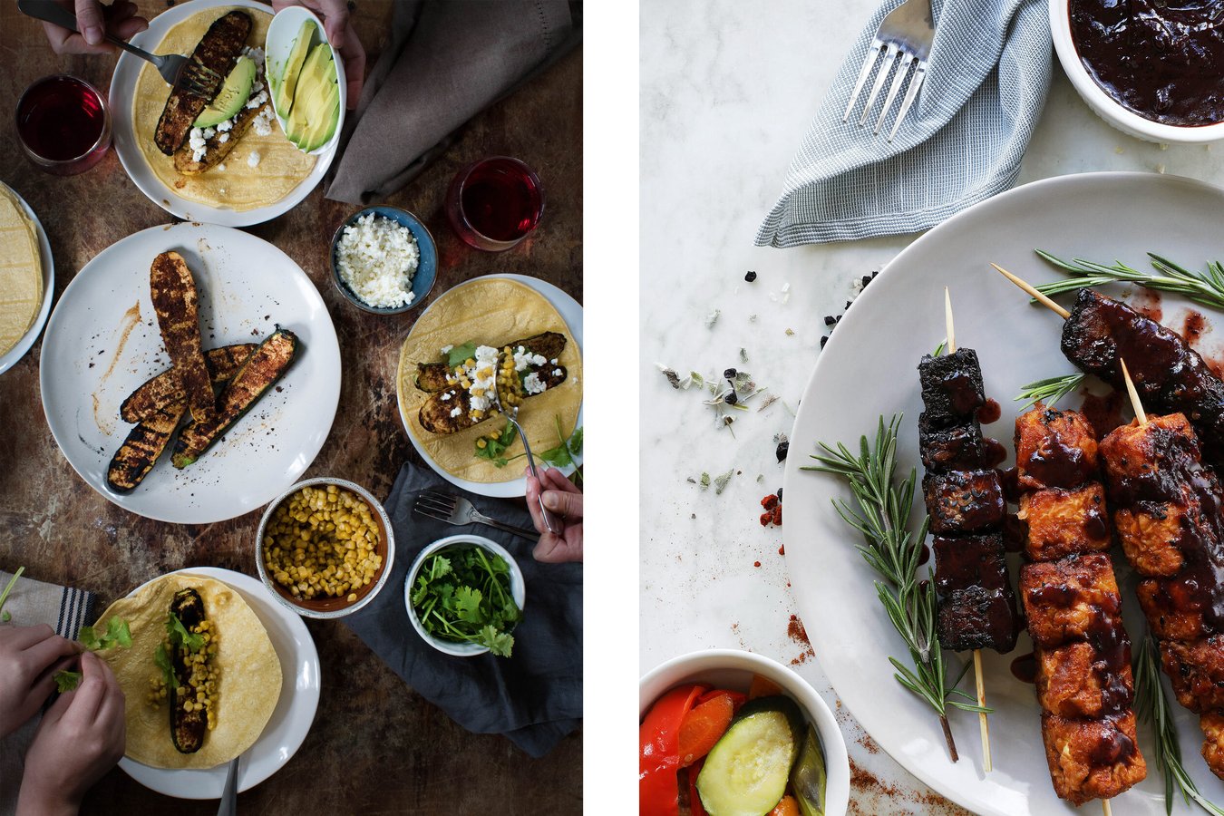 Adobe grilled squash tacos and grilled tempeh with barbecue sauce set out for a potluck