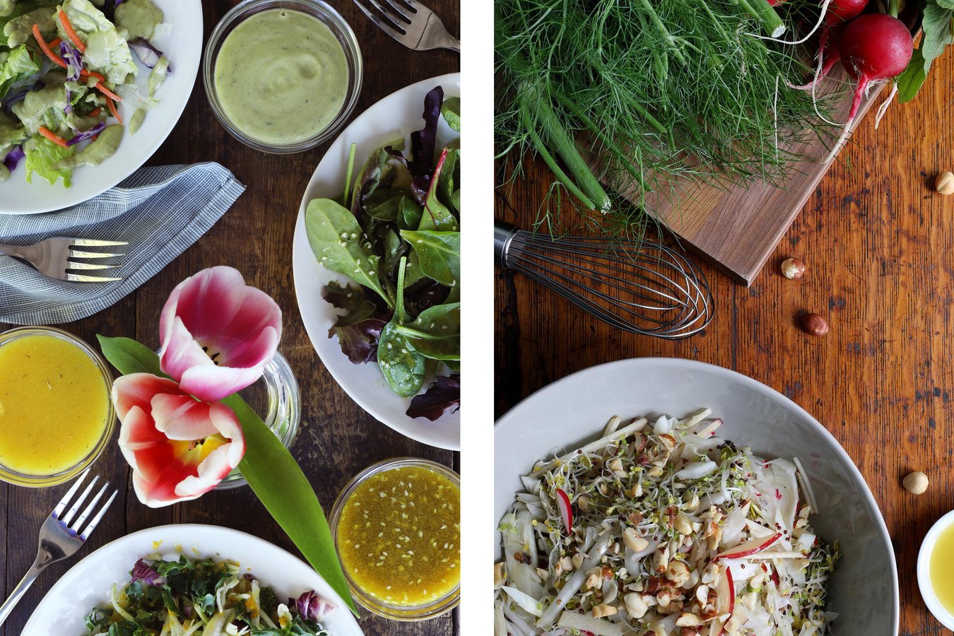 Summer salad with three light salad dressings and a sprout salad with bee pollen, fresh radishes and fennel.