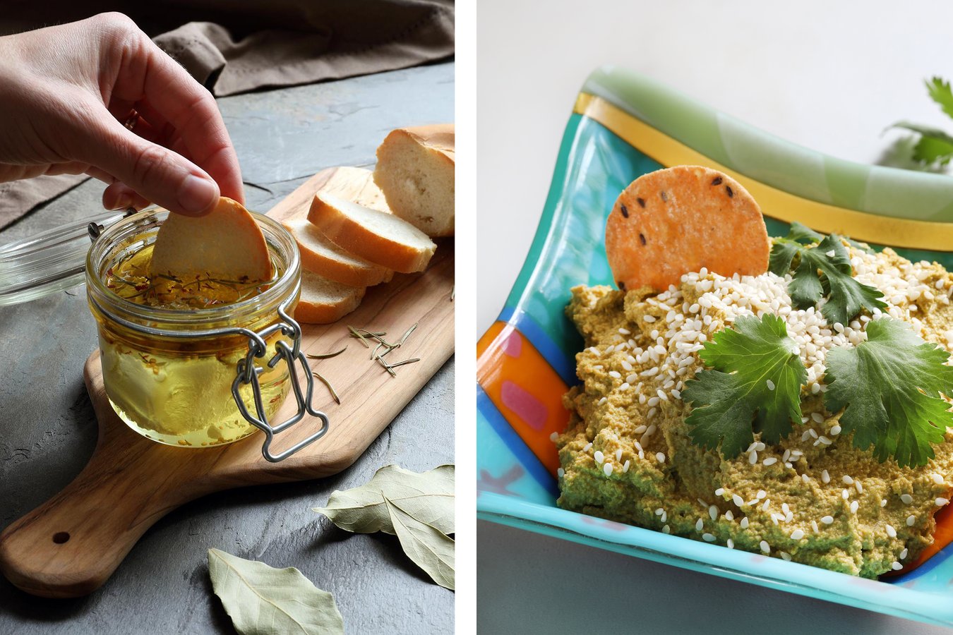 Herb-infused oils with baguette slices and vegan carrot cashew dip with crackers