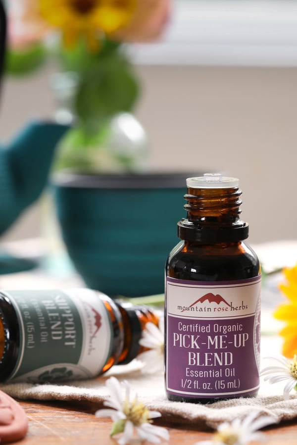 Mountain Rose Herbs Support and Pick-Me-Up essential oil blends.