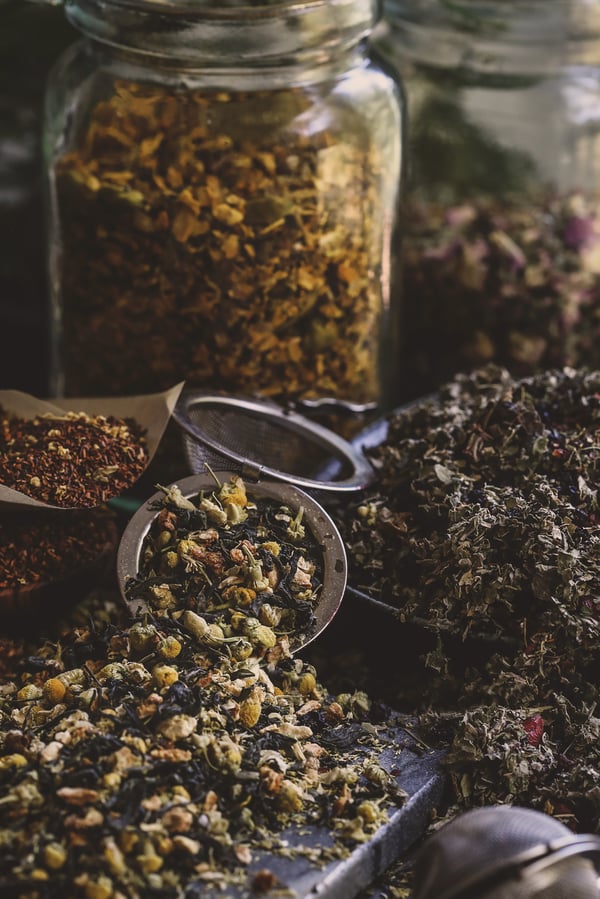 Various tea blends are laid out awaiting their final destiny; to be brewed.