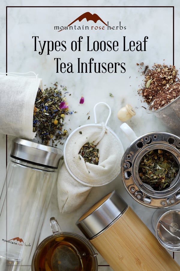 Pinterest link to Mountain Rose Herbs. A variety of tea infusers, cotton bags, and travel tea tumblers all full with loose leaf herbal teas. Stainless steel, cotton, and glass tea accessories. 