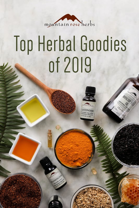 Mountain Rose Herbs top products of 2019 include lavender essential oil, frankincense essential oil, rosehip seed oil, jojoba oil, red rooibus tea, assam black tea, ginger root, and turmeric root powder. 