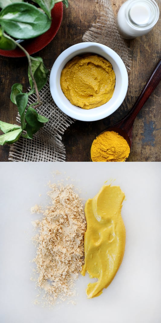 Diptych photograph featuring a set up of completed turmeric face mask paste arranged among a potted plant and wooden spoon. Second is a comparison of dried powder and completed yellow paste. 