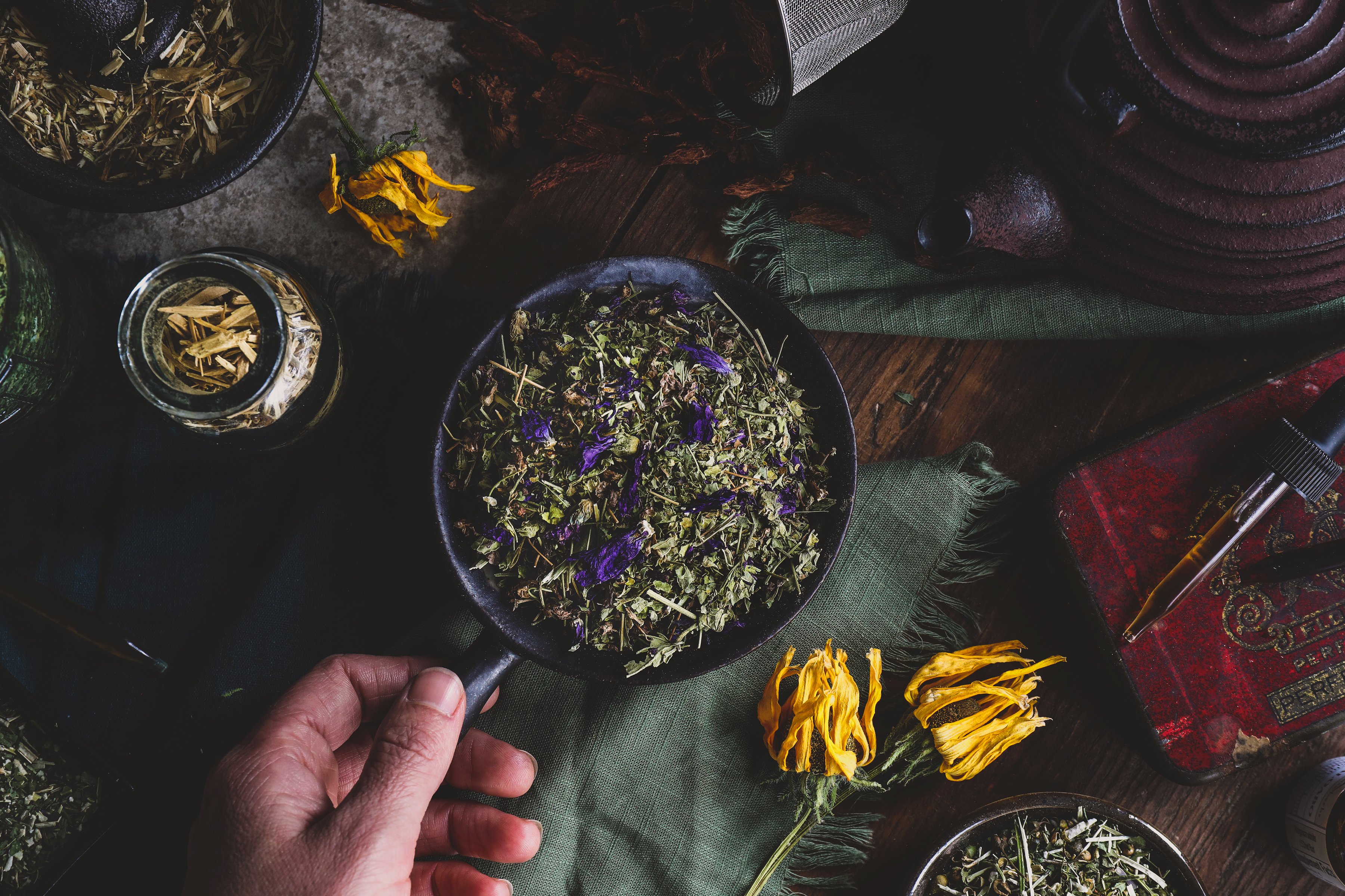 Colorful herbs with dark and moody lighting. 