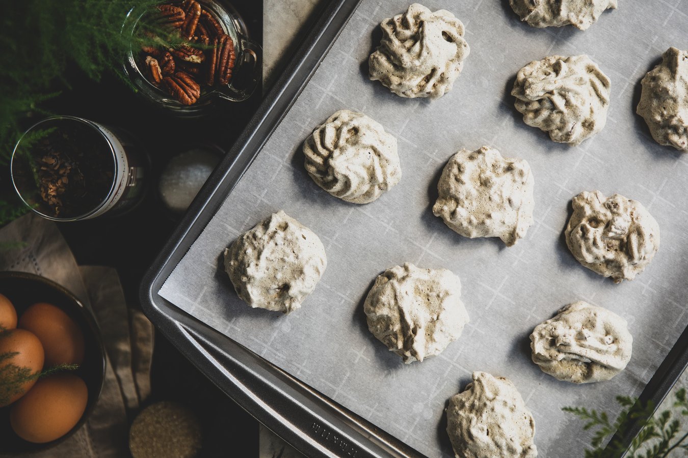 Forgotten Cookies made with yaupon tea on a cookie sheet