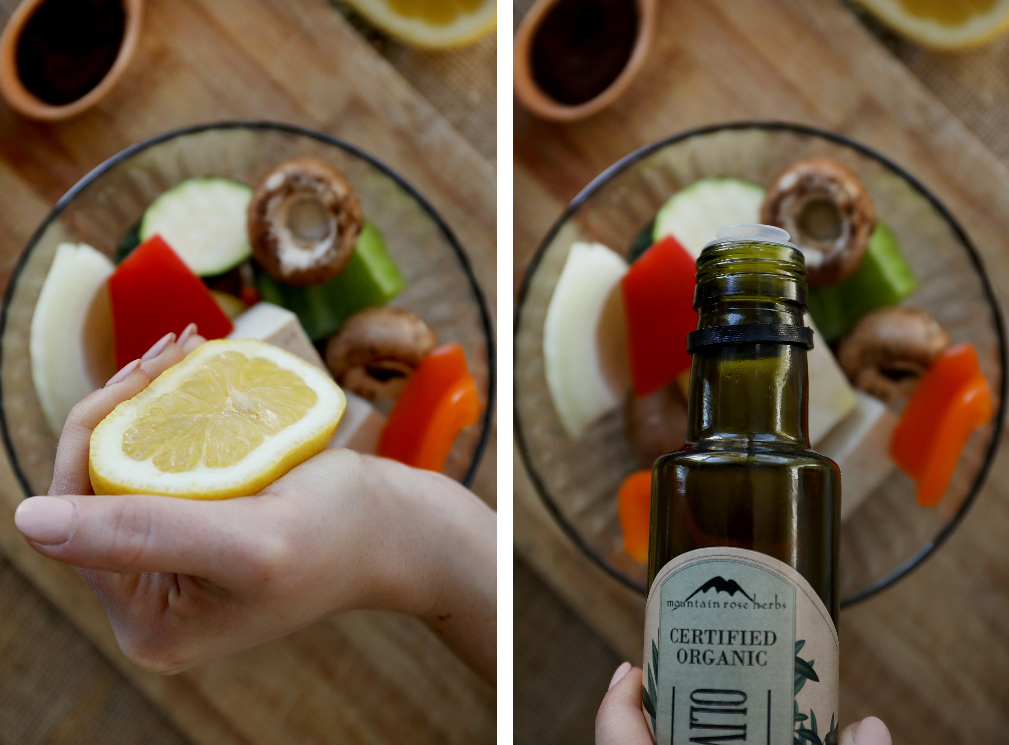 Squeezing fresh lemon juice and using olive oil to dress colorful vegetables to be barbecued.