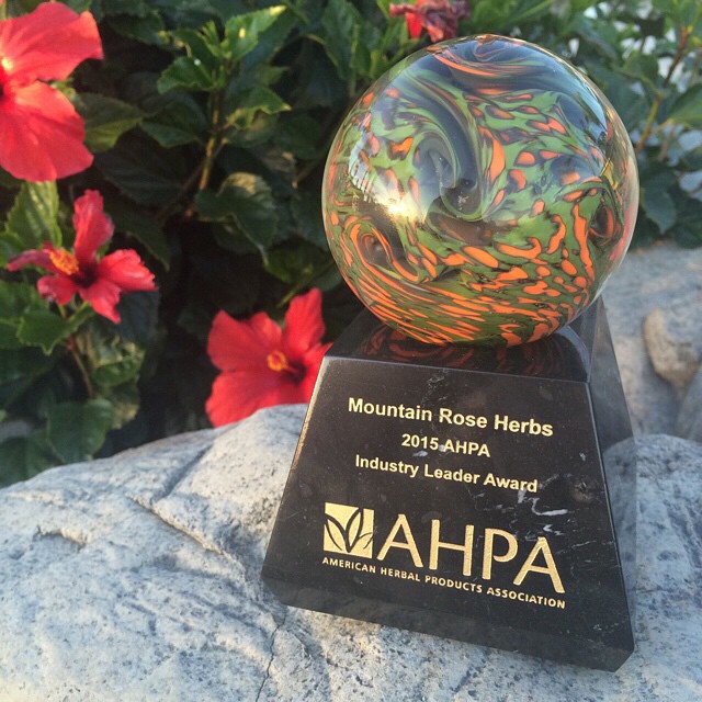 Colorful photo of glass blown trophy for 2015 Industry Leader Award. 