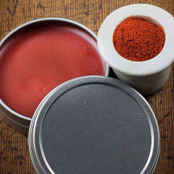 Red Salve made from Cayenne in a tin and Cayenne Pepper