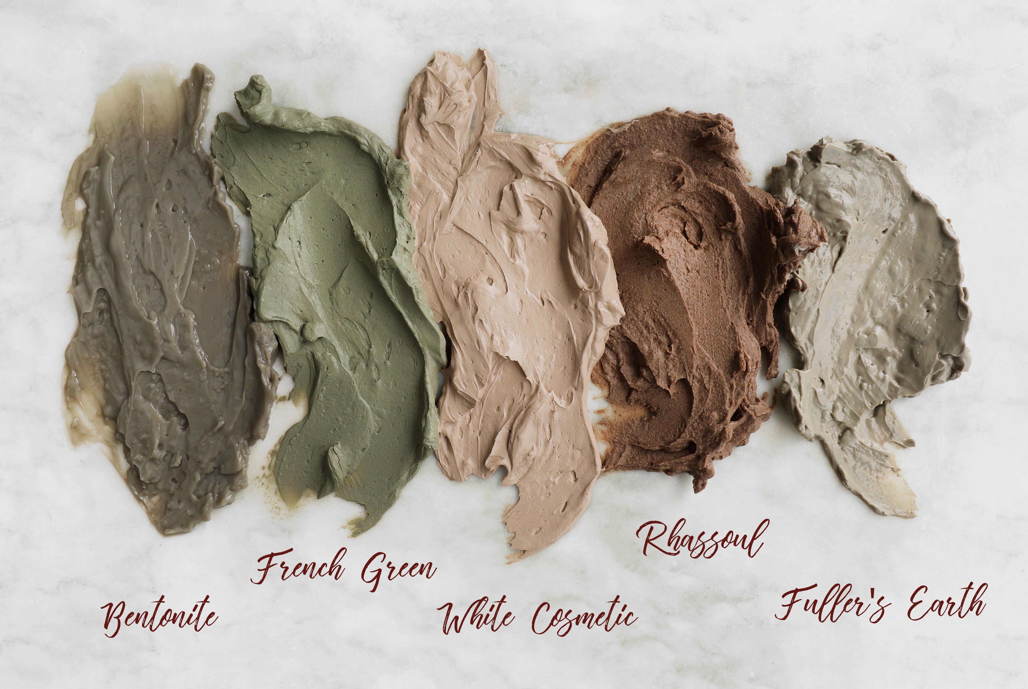 claymasks Swatches of earth toned cosmetic clay pastes.