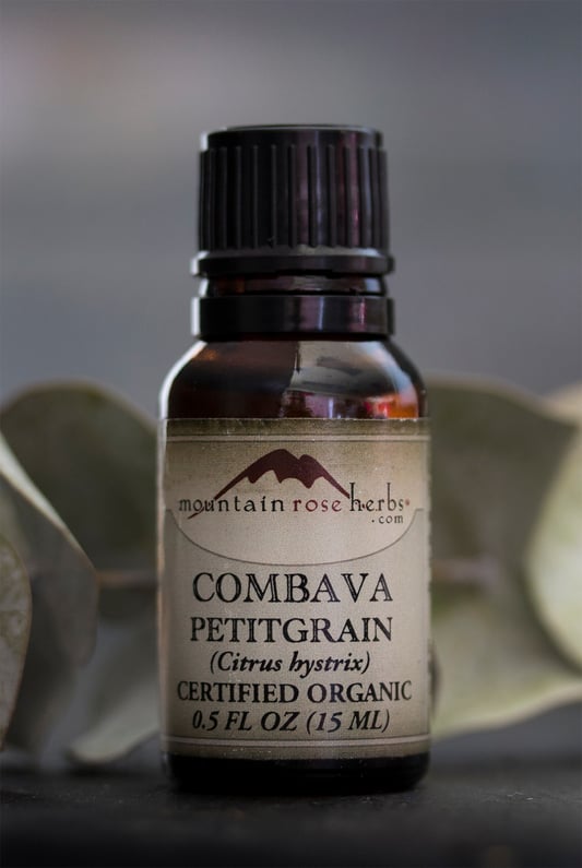 Bottle of certified organic Combava Petitgrain Essential Oil