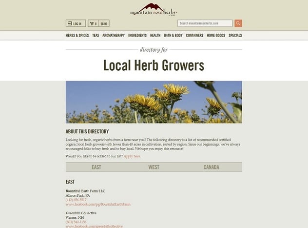 Screenshot of Mountain Rose Herbs Directory of Local Herb Growers