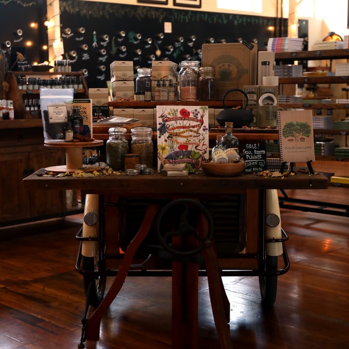 Mountain Rose Herbs Mercantile store display with antiques. 