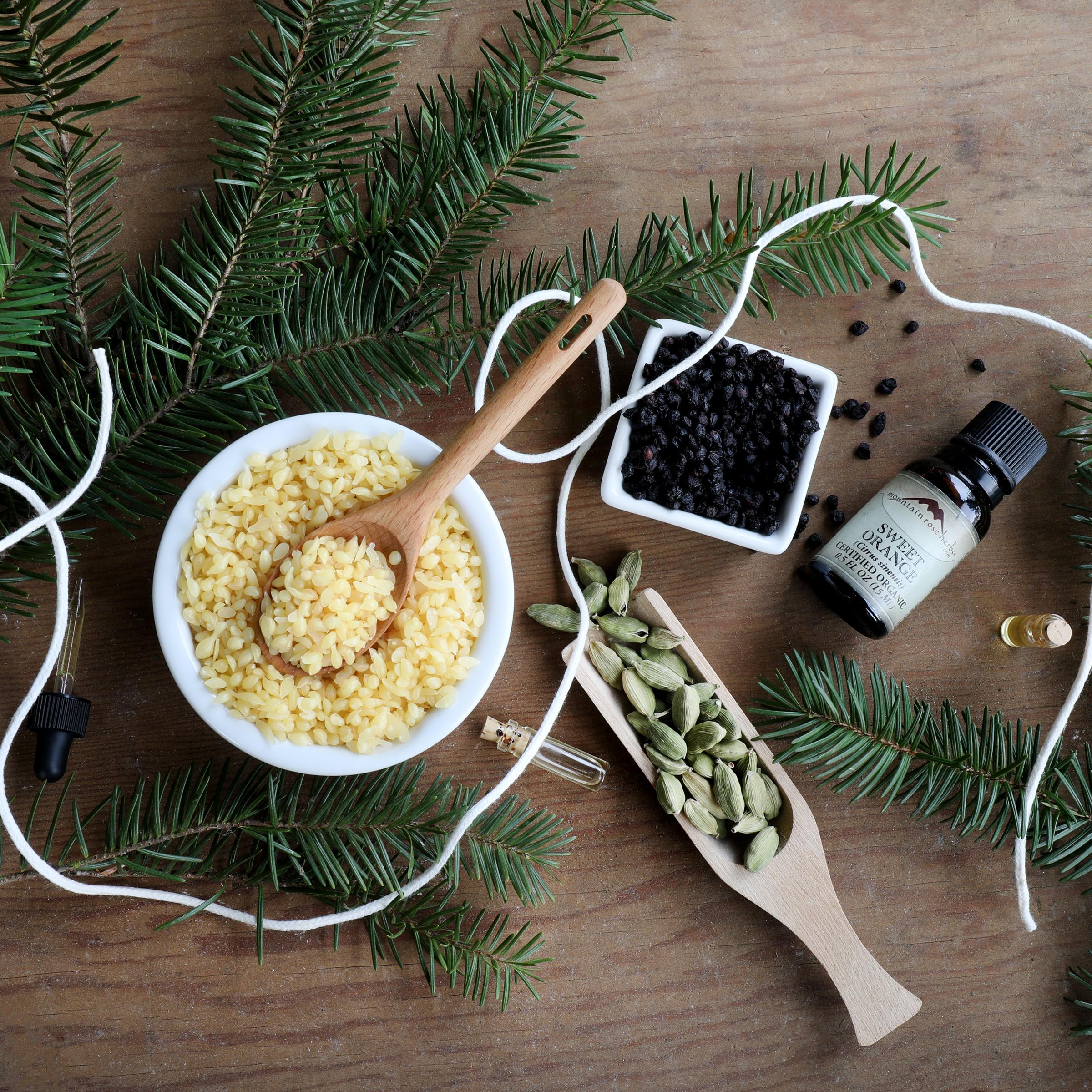 Displayed DIY ingredients with evergreen sprigs