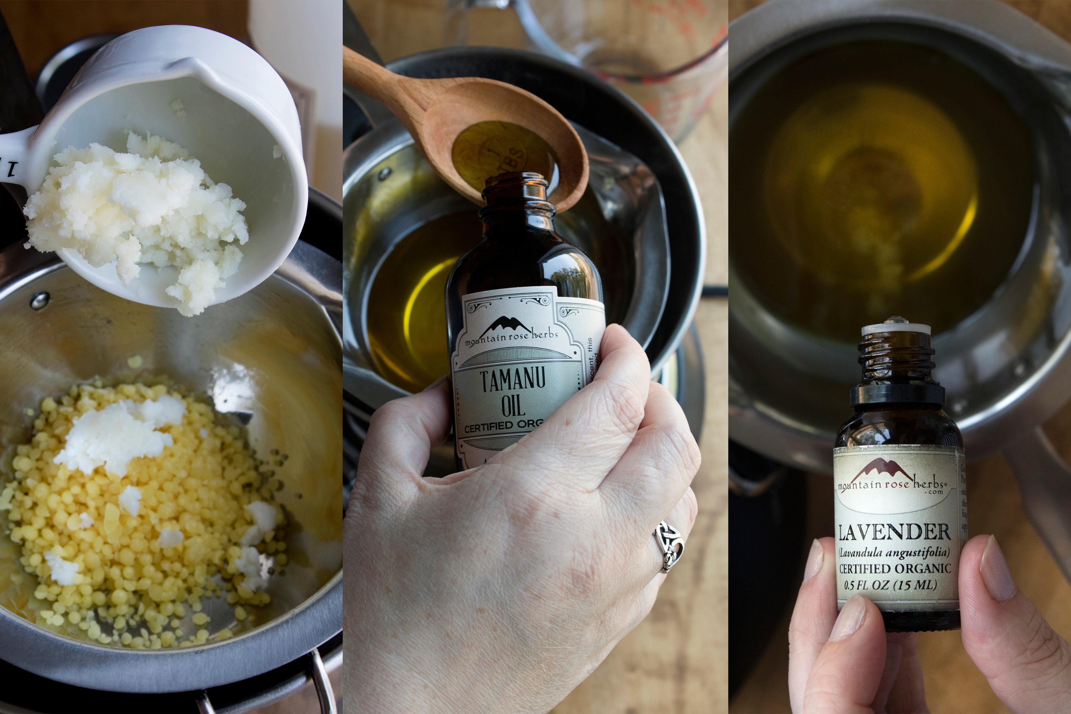 Three-part process showing how to make herbal salve. 